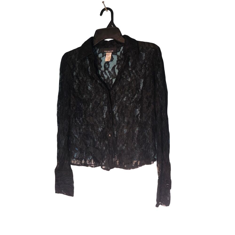 Jones New York Vintage Sheer Black Lace Button Up Blouse Long Sleeve Size 6